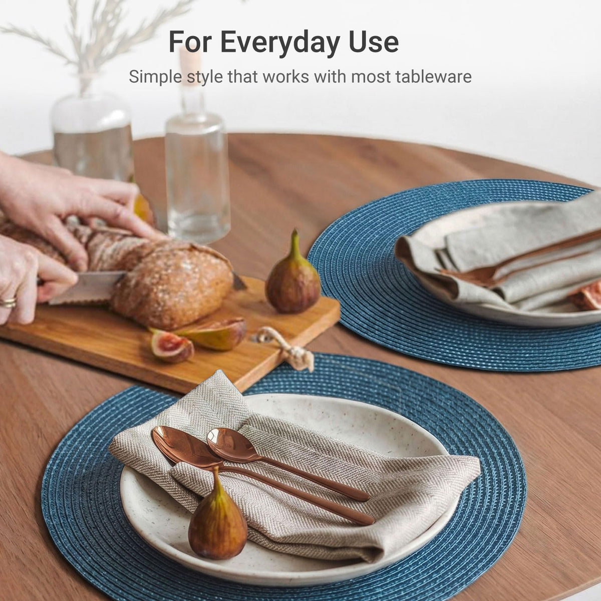 FunWheat blue placemats used for outdoor dining settings.