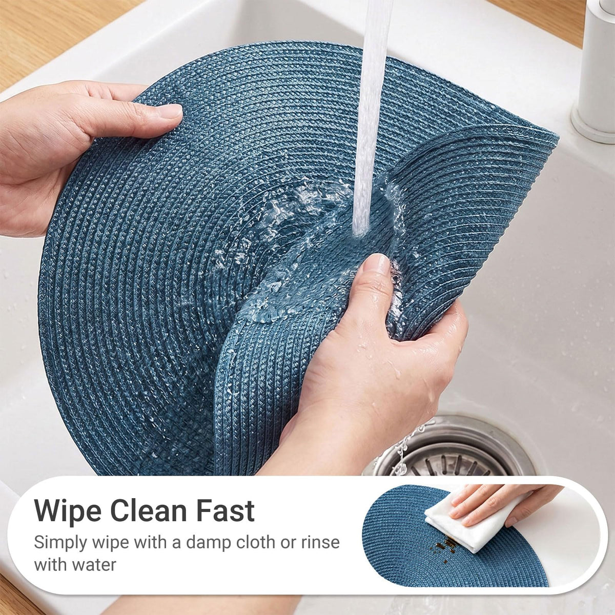 FunWheat placemats easily wiped clean after meals.