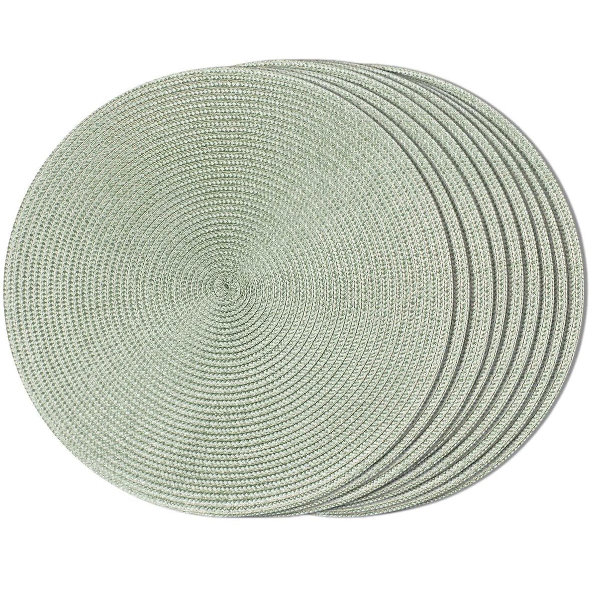 FunWheat round braided placemats in fog green for everyday protection and style.