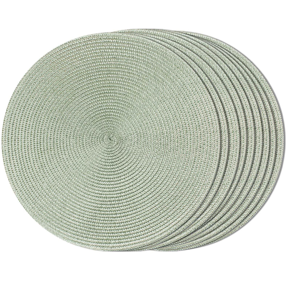 FunWheat round braided placemats in fog green for everyday protection and style.