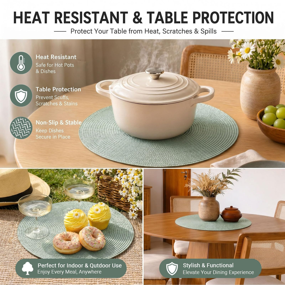 FunWheat non-slip surface keeps placemats in place during meals.