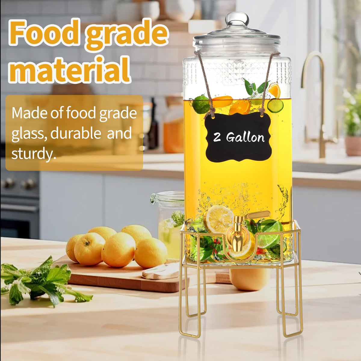 FUREEY BPA-free glass dispenser ideal for lemonade, juice, and tea.