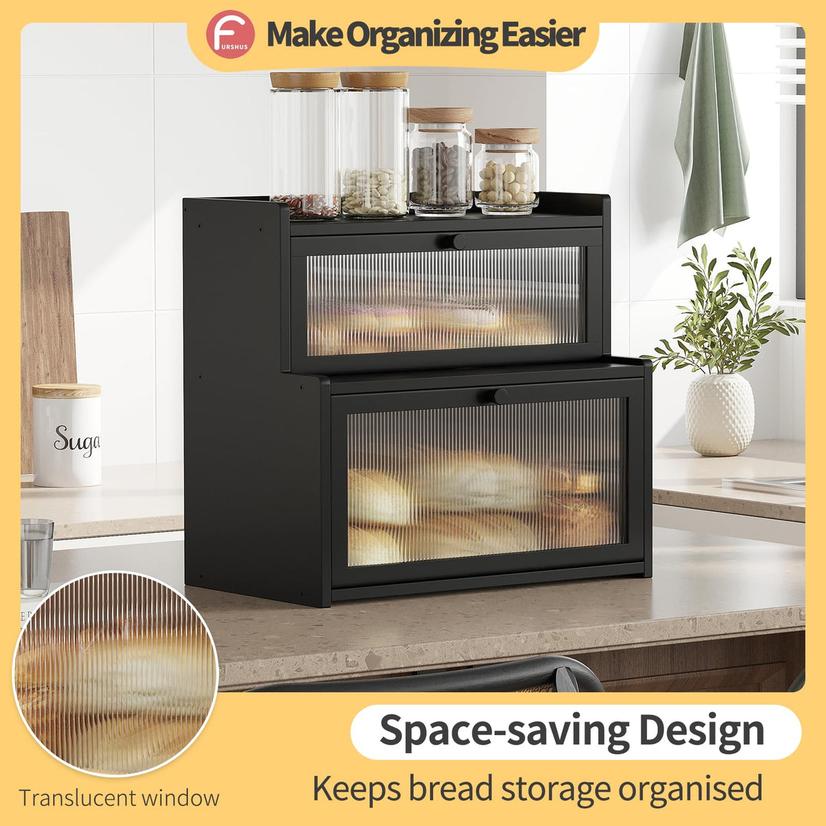 Furshus bamboo bread box in black finish adds natural elegance to the kitchen
