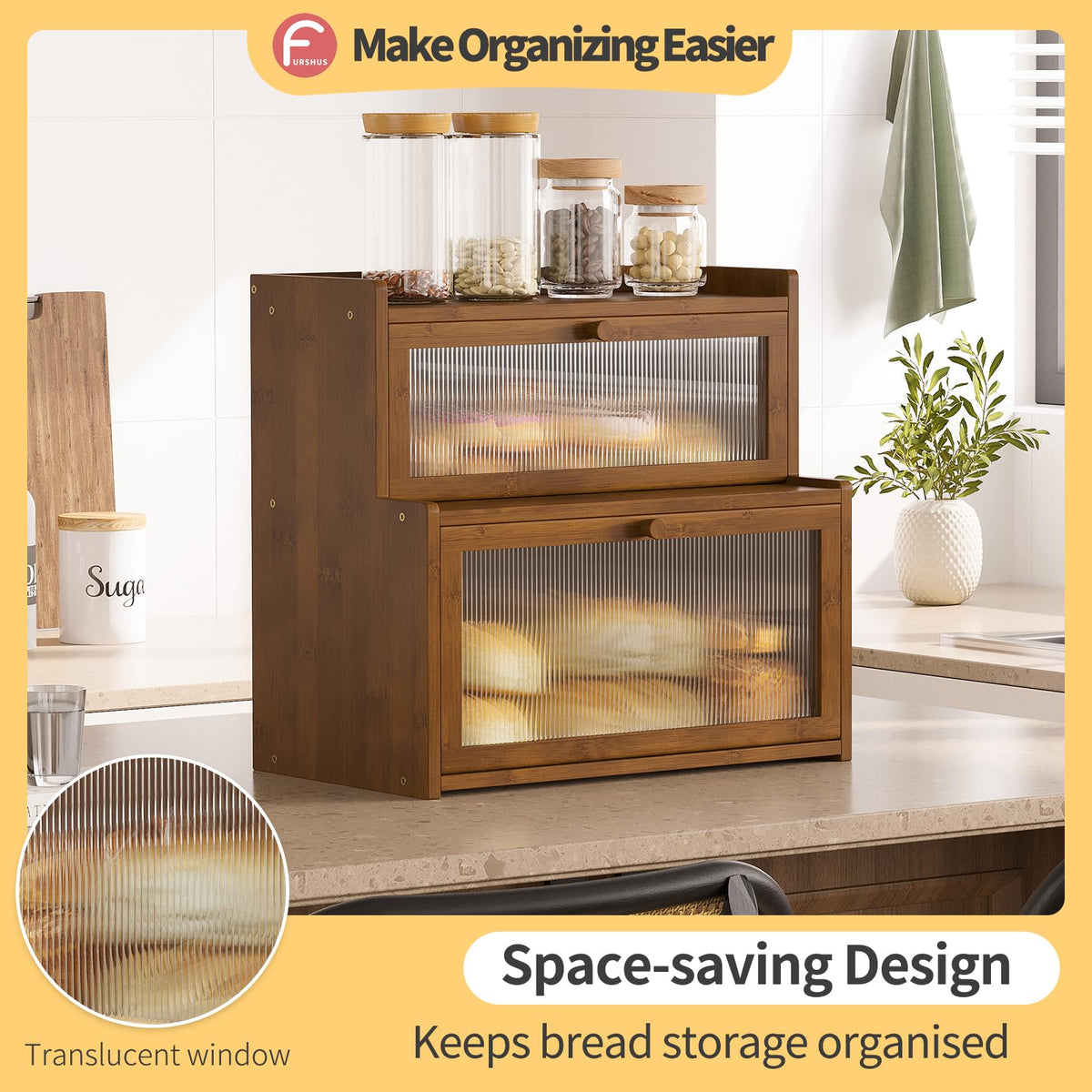 Furshus bamboo bread box made of bamboo for durable kitchen storage.