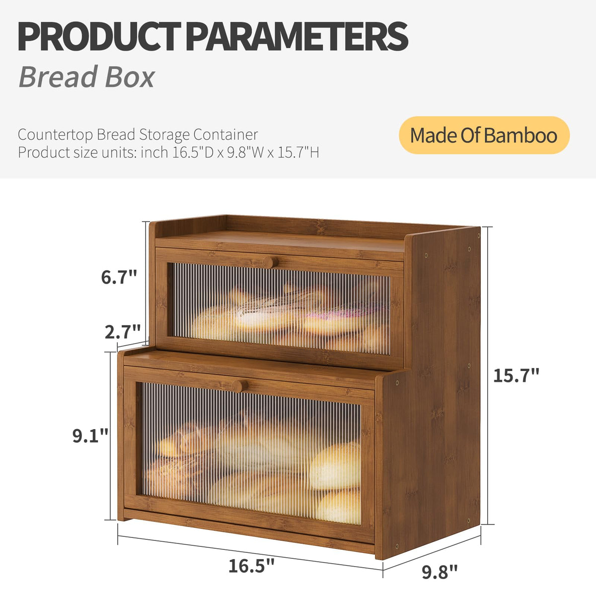 Furshus bamboo bread box with acrylic window panel to view contents.