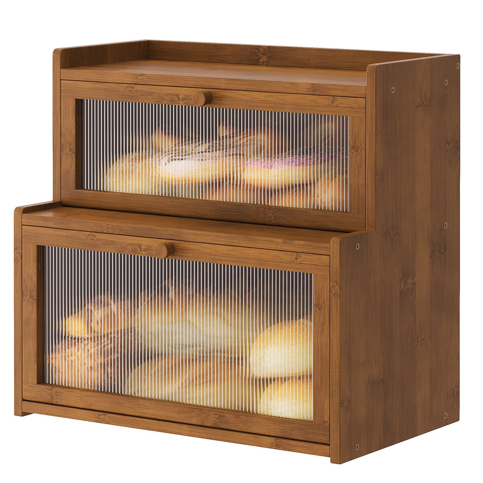 Furshus double-layer bamboo bread box with ladder shape for stylish counter storage.