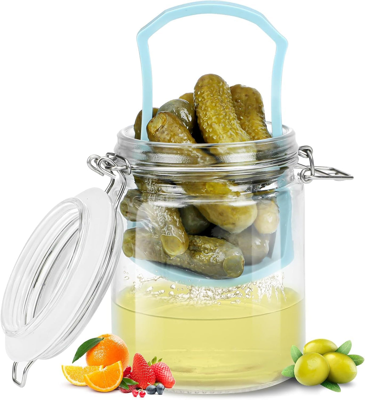 Furwarmy glass pickle jar with built-in strainer for mess-free serving