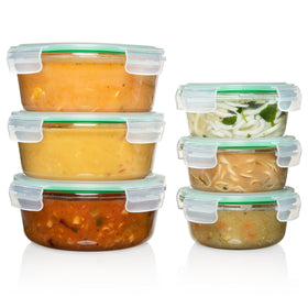 Fusion Gourmet 6-pack round glass containers with lids keeps meals fresh.