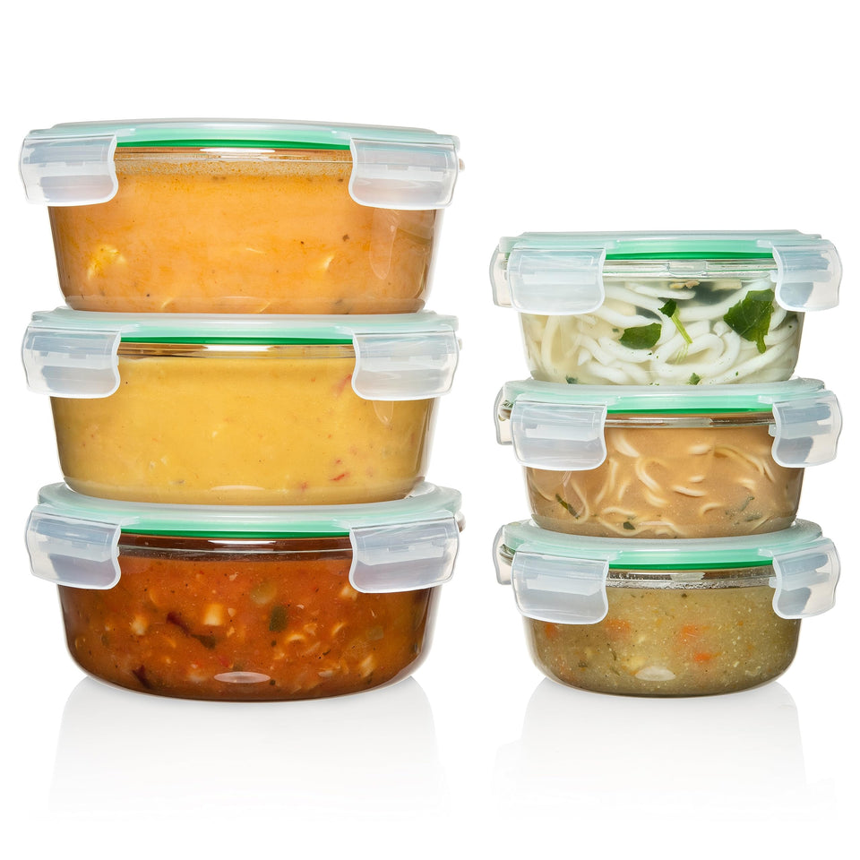 Fusion Gourmet 6-pack round glass containers with lids keeps meals fresh.