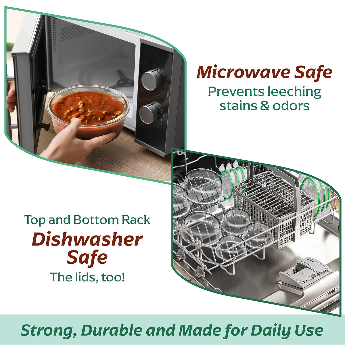 Fusion Gourmet leak-proof lids prevent spills during transport.
