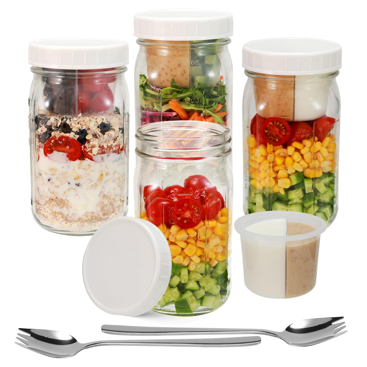 Fusnugk 4-pack glass salad jars with lids for organized weekly meal prep.