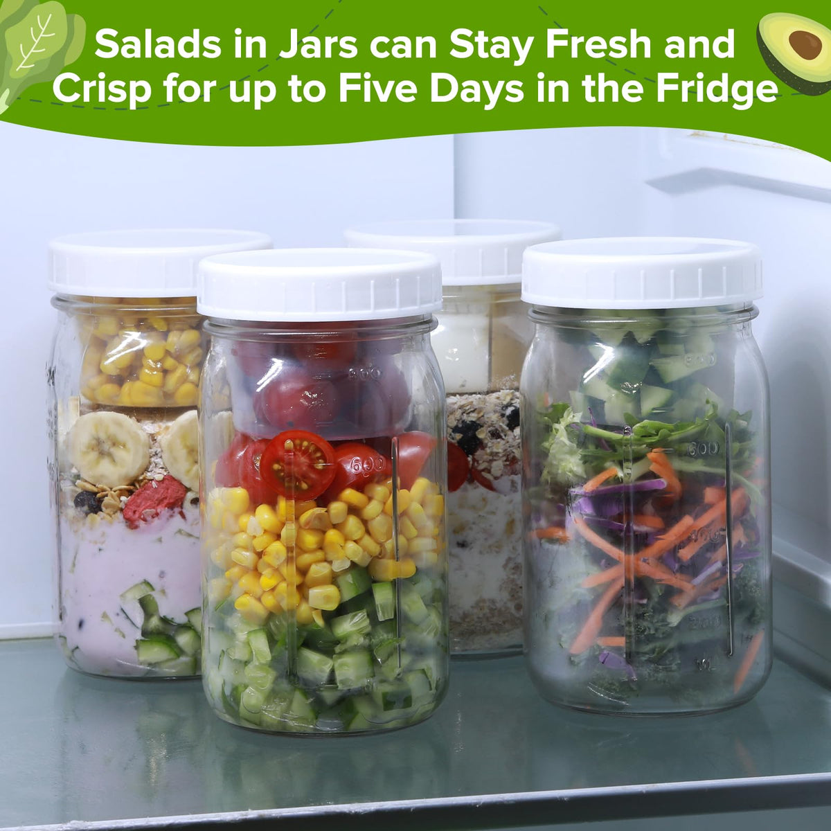 Fusnugk fridge-friendly jars support crisp layered salads.