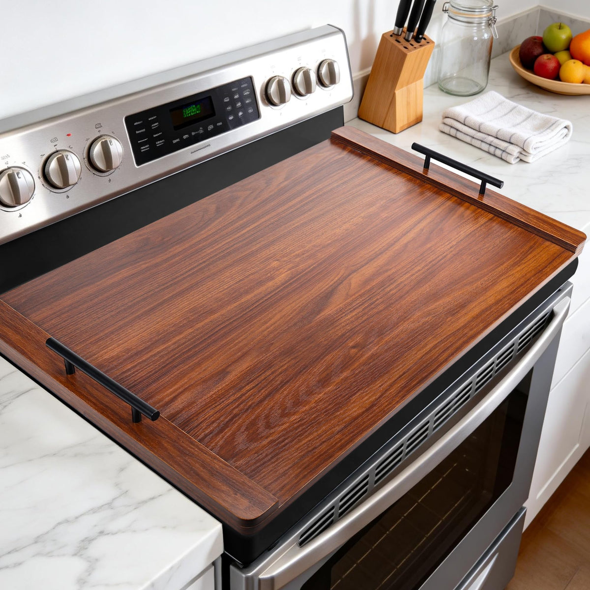 FUSOUBOTY noodle board stove cover in walnut adds counter space for meal prep