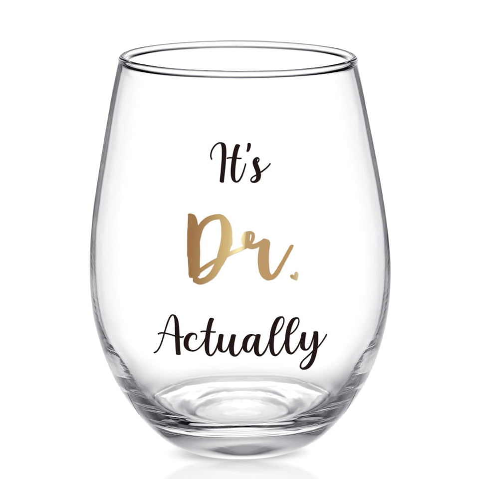 Futtumy It's Dr Actually stemless wine glass with black and gold text, ideal for doctor gifts.