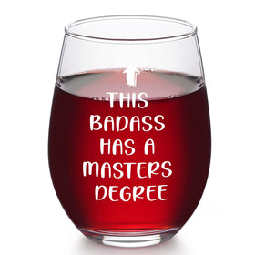 Futtumy Masters Degree stemless wine glass front view, ideal for celebratory toasts.
