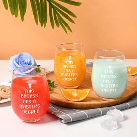 Futtumy Masters Degree stemless wine glass text design, emphasizes inspirational message.