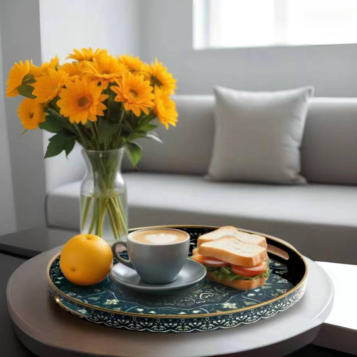 Fuukou ottoman tray in living room adds modern style and practicality.