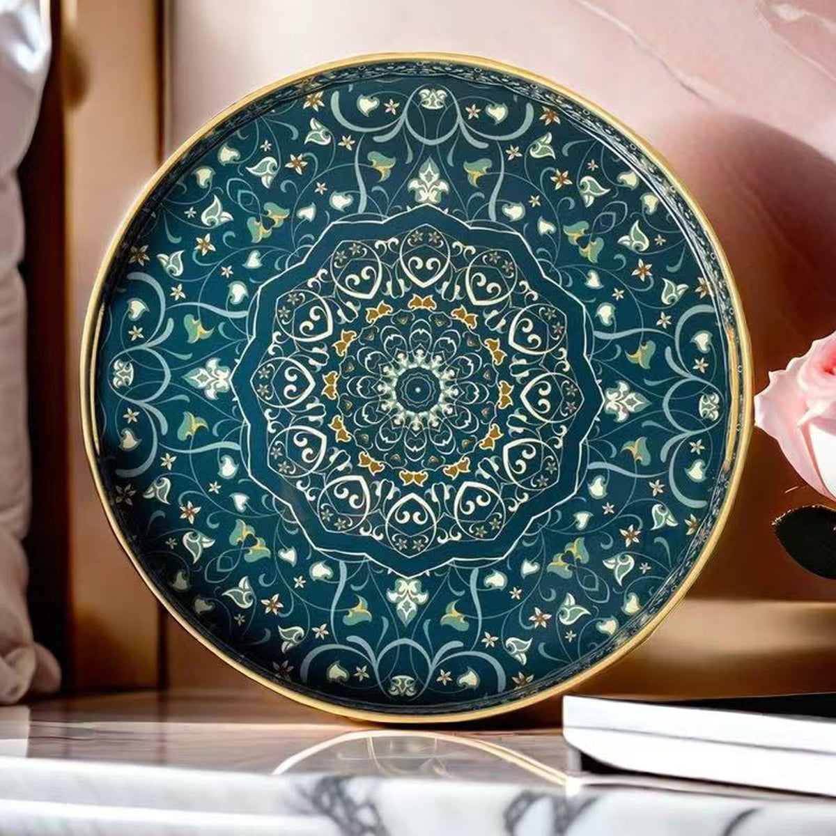 Fuukou round-serving tray boho pattern enhances decor while organizing small items.