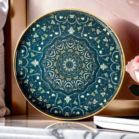 Fuukou round-serving tray boho pattern enhances decor while organizing small items.
