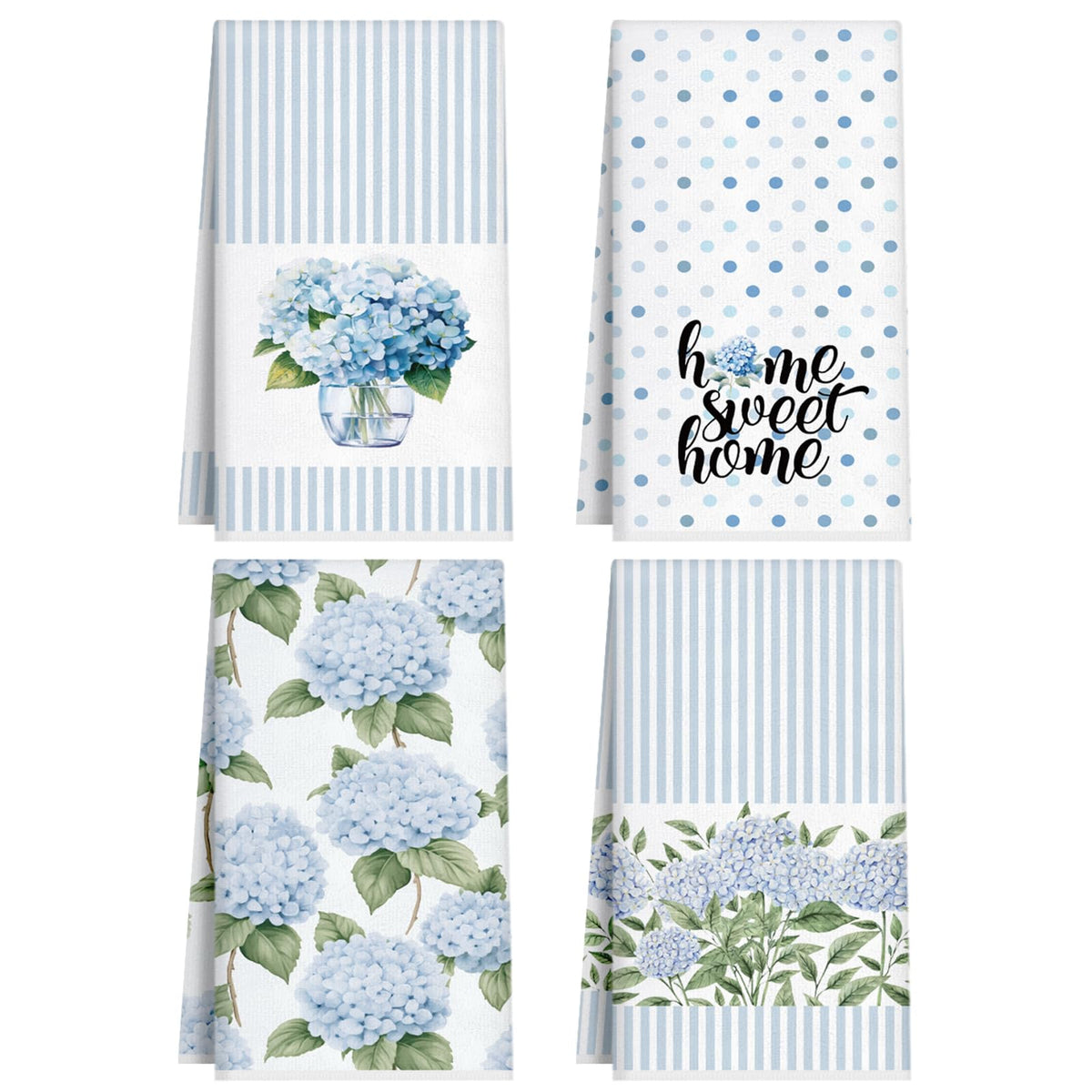 FuWeave blue hydrangea kitchen towel set front view for display and drying