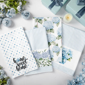 FuWeave blue hydrangea towels in gift-ready set for spring