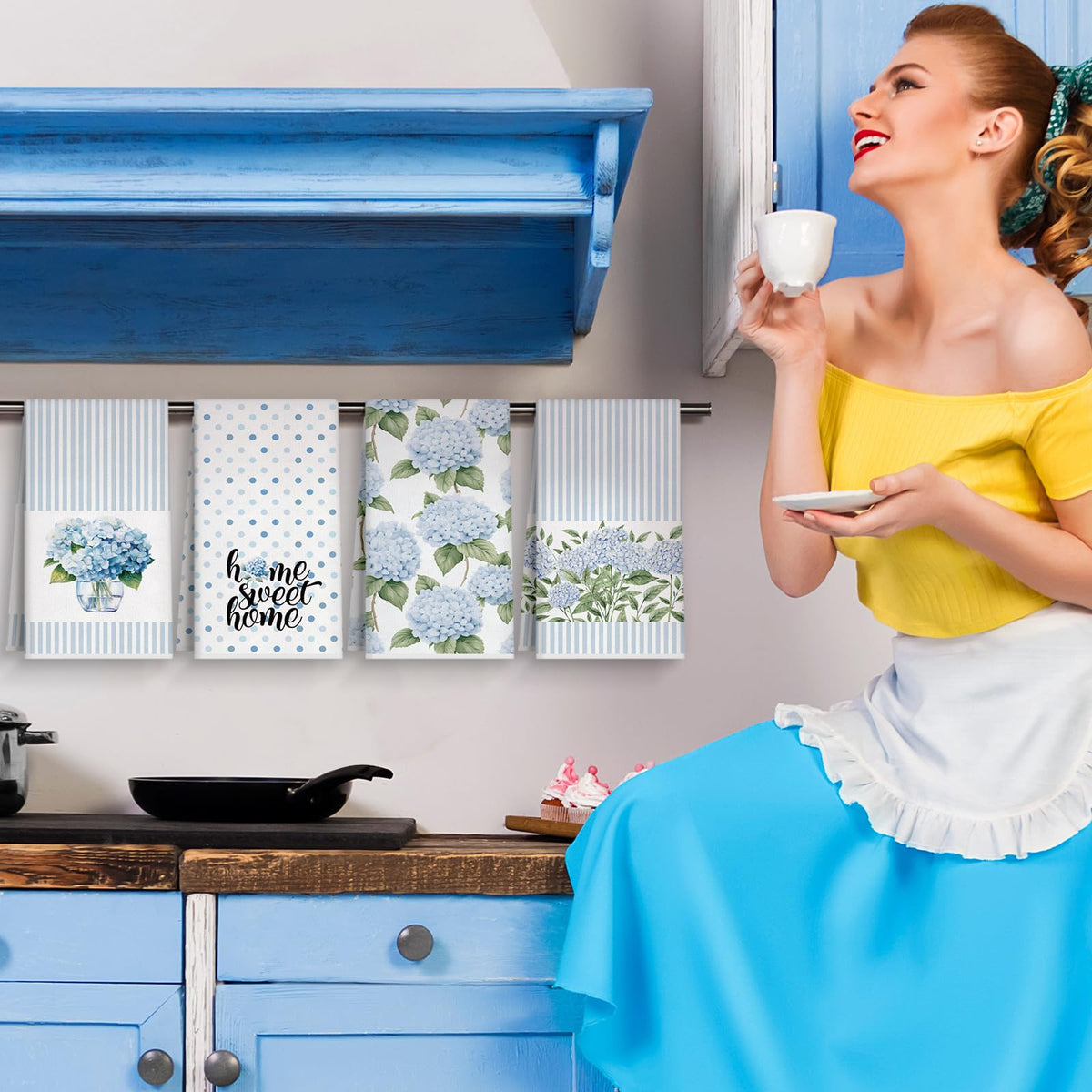 FuWeave blue hydrangea towels neatly folded for countertop display