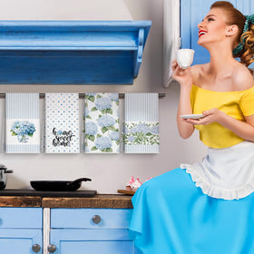 FuWeave blue hydrangea towels neatly folded for countertop display