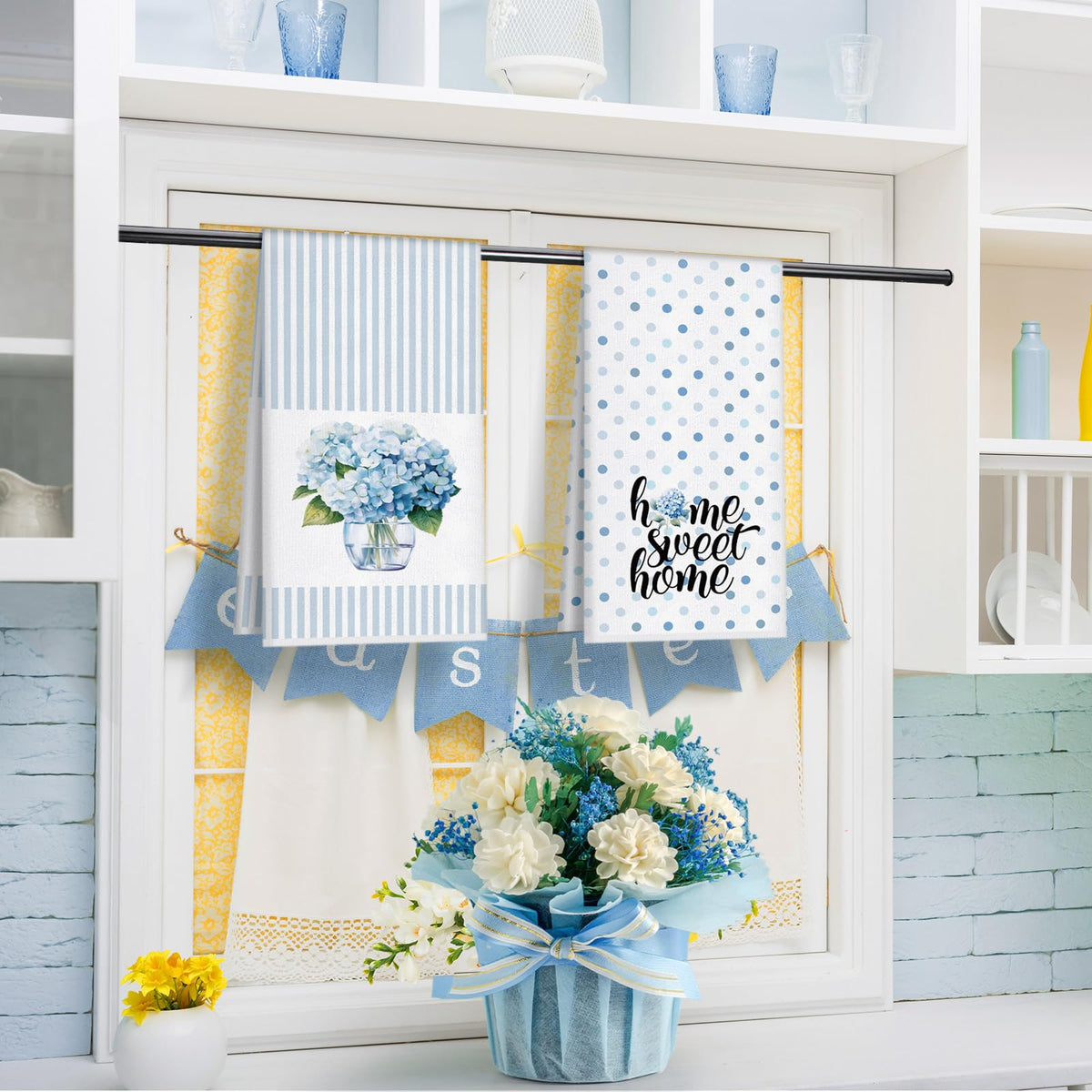 FuWeave 18x26-inch blue hydrangea towel showcased in kitchen setting