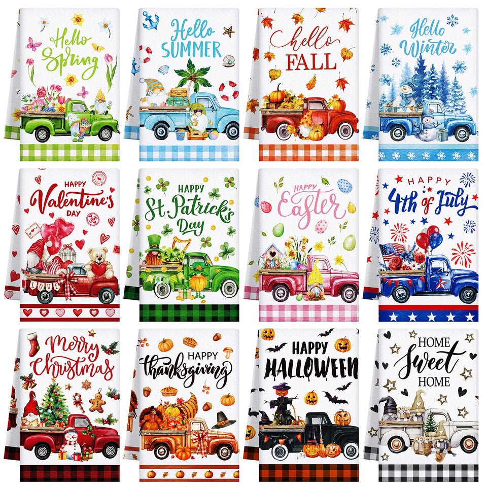 FuWeave seasonal kitchen towels set with 12 designs for year-round use and practical drying tasks.