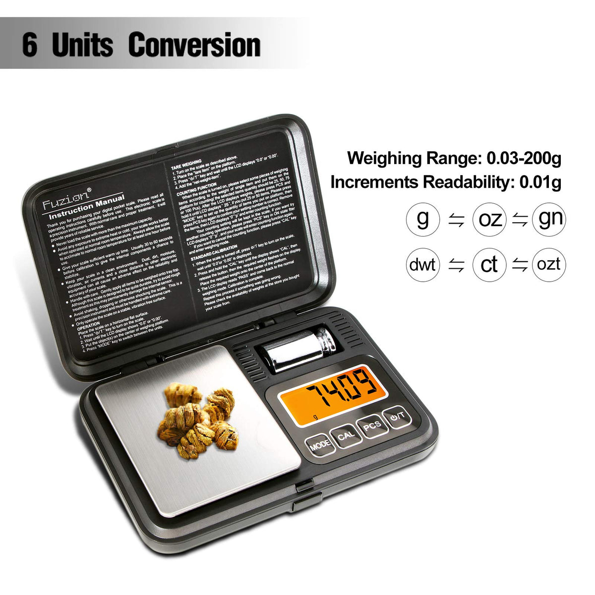 Fuzion pocket scale LCD display for easy reading in any light.