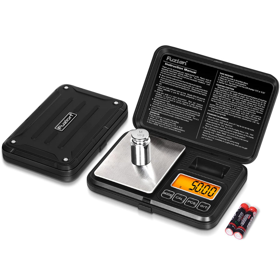 Fuzion digital pocket scale with weighing pan for precise measurements.