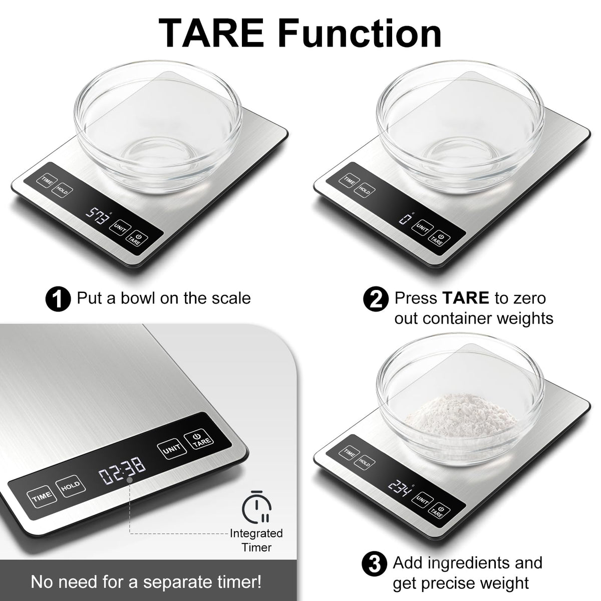 Fuzion Food Scale tare function zeros containers for easy measurements