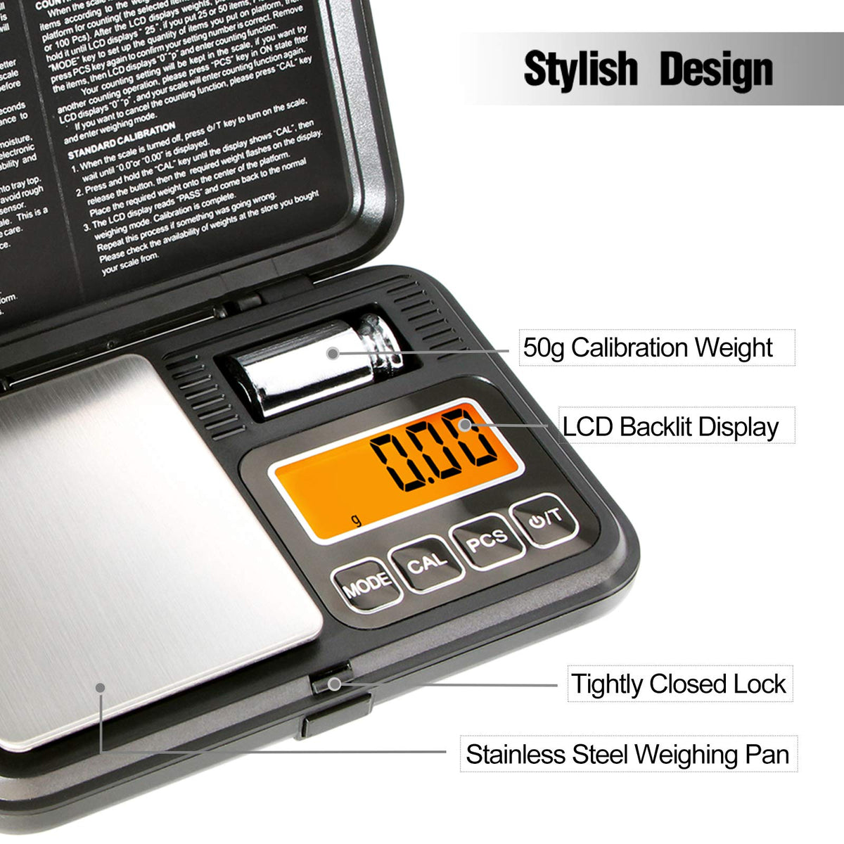 Fuzion pocket scale calibration weight included for accurate recalibration.