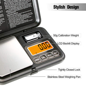 Fuzion pocket scale calibration weight included for accurate recalibration.