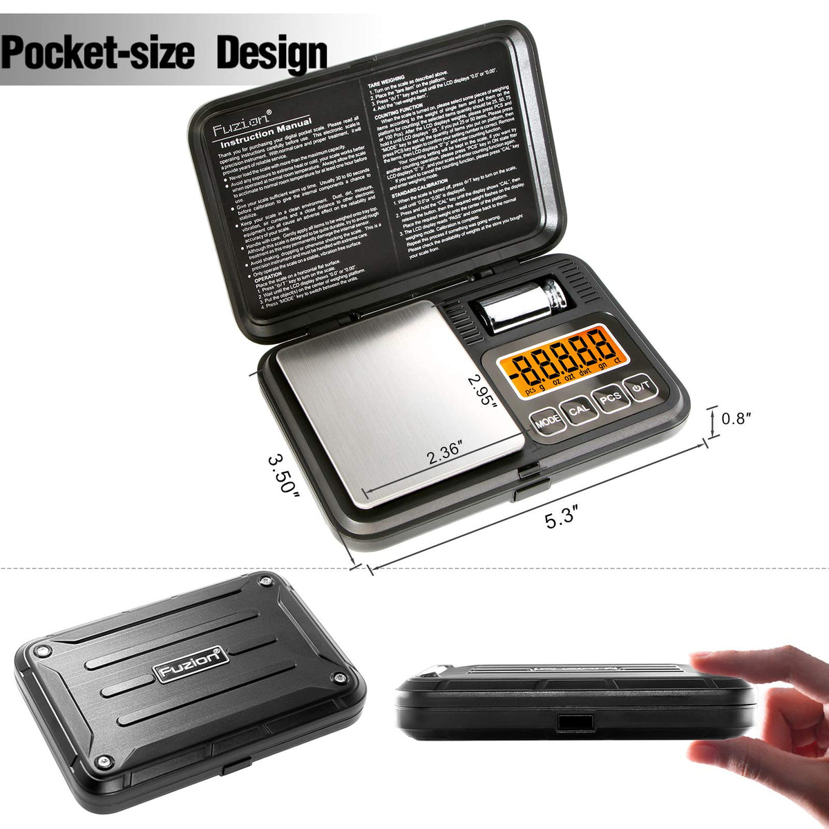 Fuzion pocket scale showing six measurement modes for versatile units.