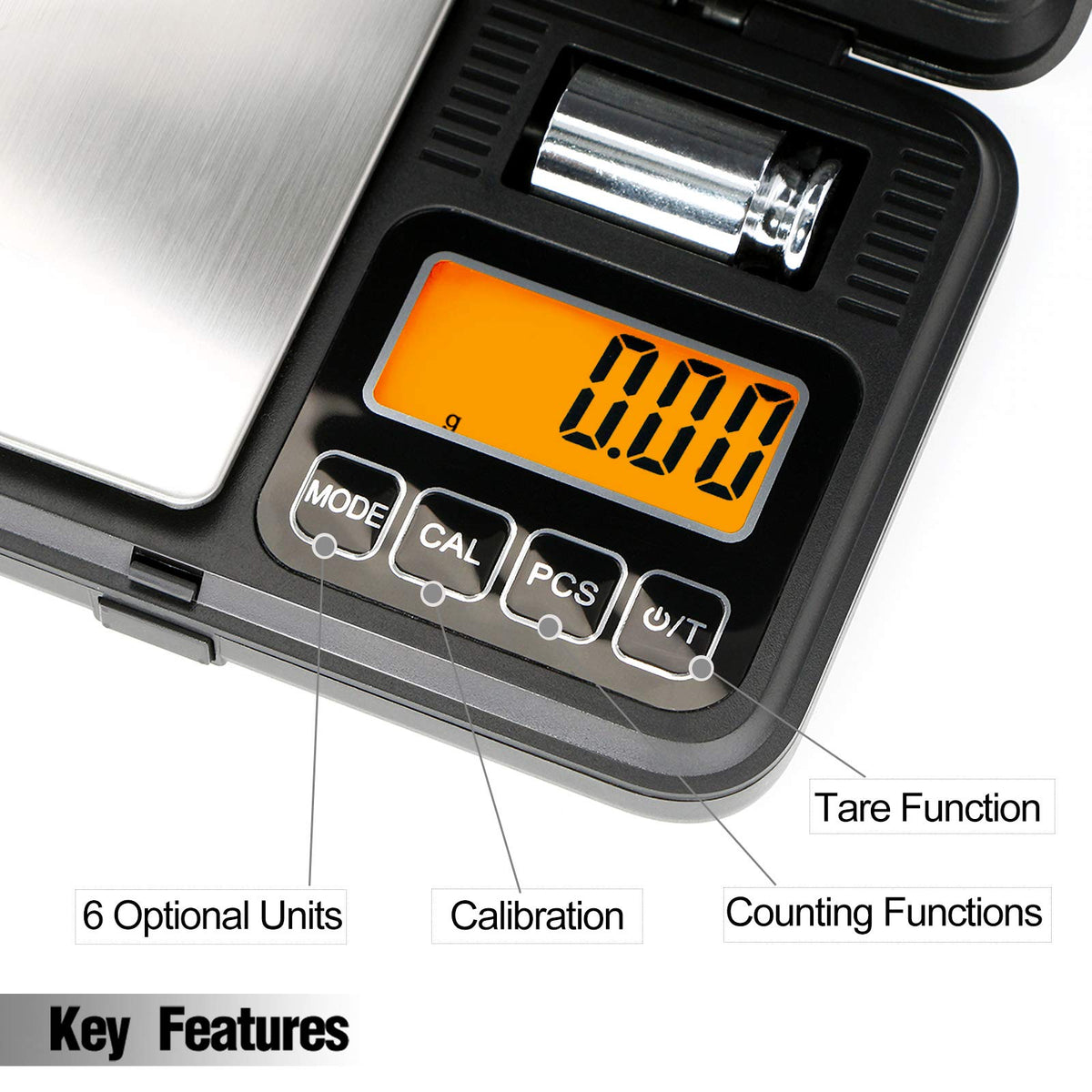 Fuzion pocket scale tare function for net weight calculations.
