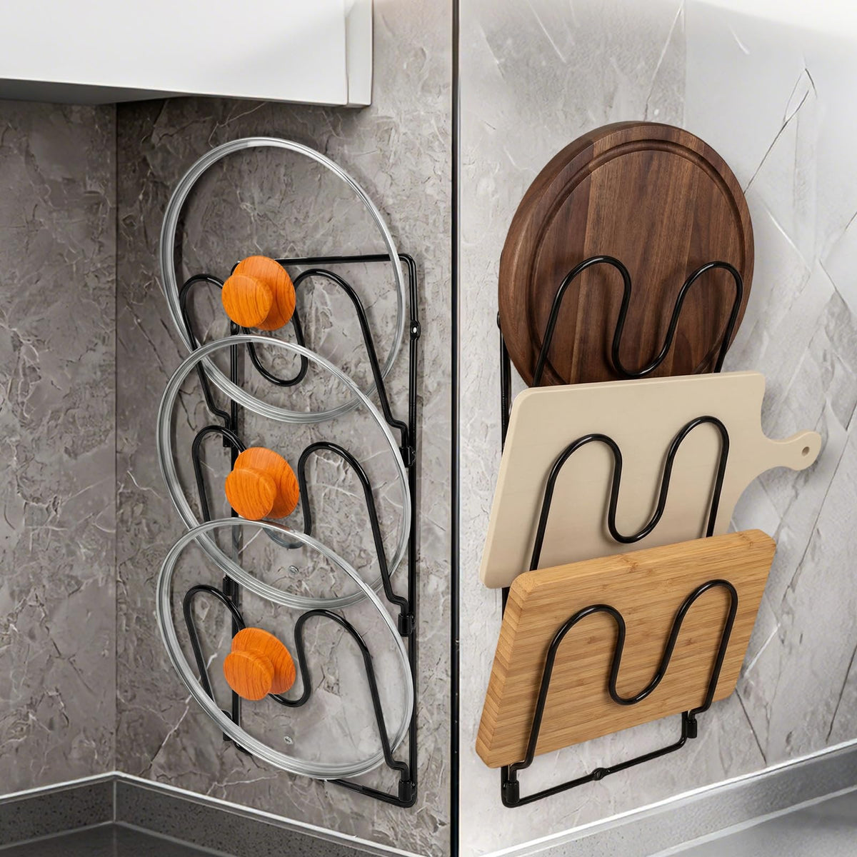 Fvellix pot lid organizer on cabinet door saves countertop space and speeds access