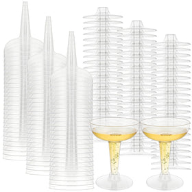 FVIEXE 100-pack champagne coupe glasses in clear plastic for weddings and celebrations.