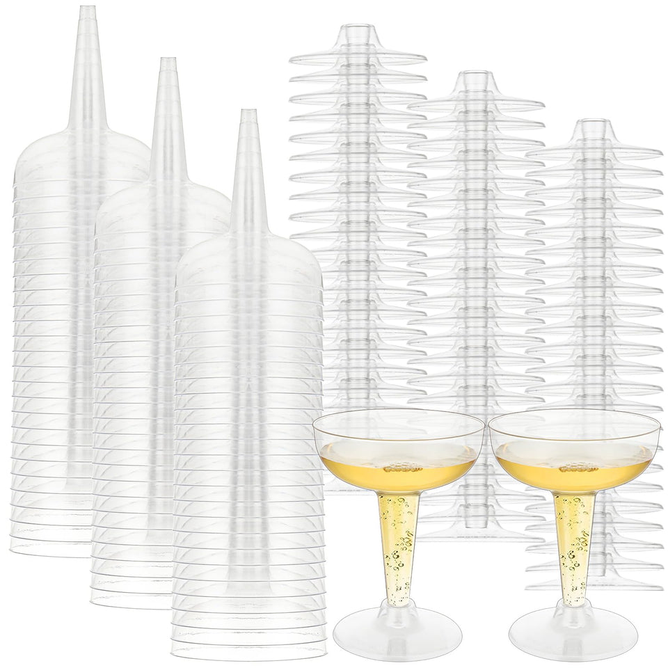 FVIEXE 100-pack champagne coupe glasses in clear plastic for weddings and celebrations.