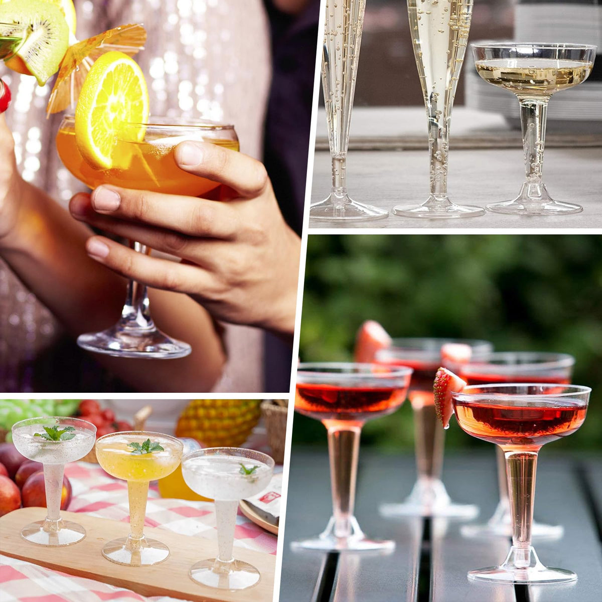 FVIEXE stackable coupe glasses in clear plastic for easy storage between events.