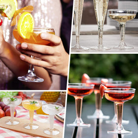 FVIEXE stackable coupe glasses in clear plastic for easy storage between events.