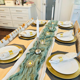 Fwxdbwyl boho sage green table runner with crinkled texture creates romantic tablescape.