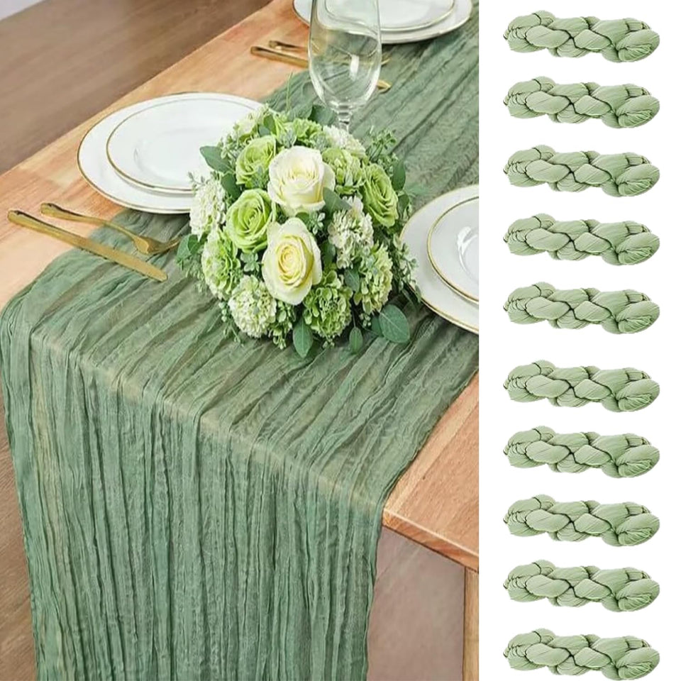 Fwxdbwyl sage green boho gauze runner adds soft color to tables for weddings.