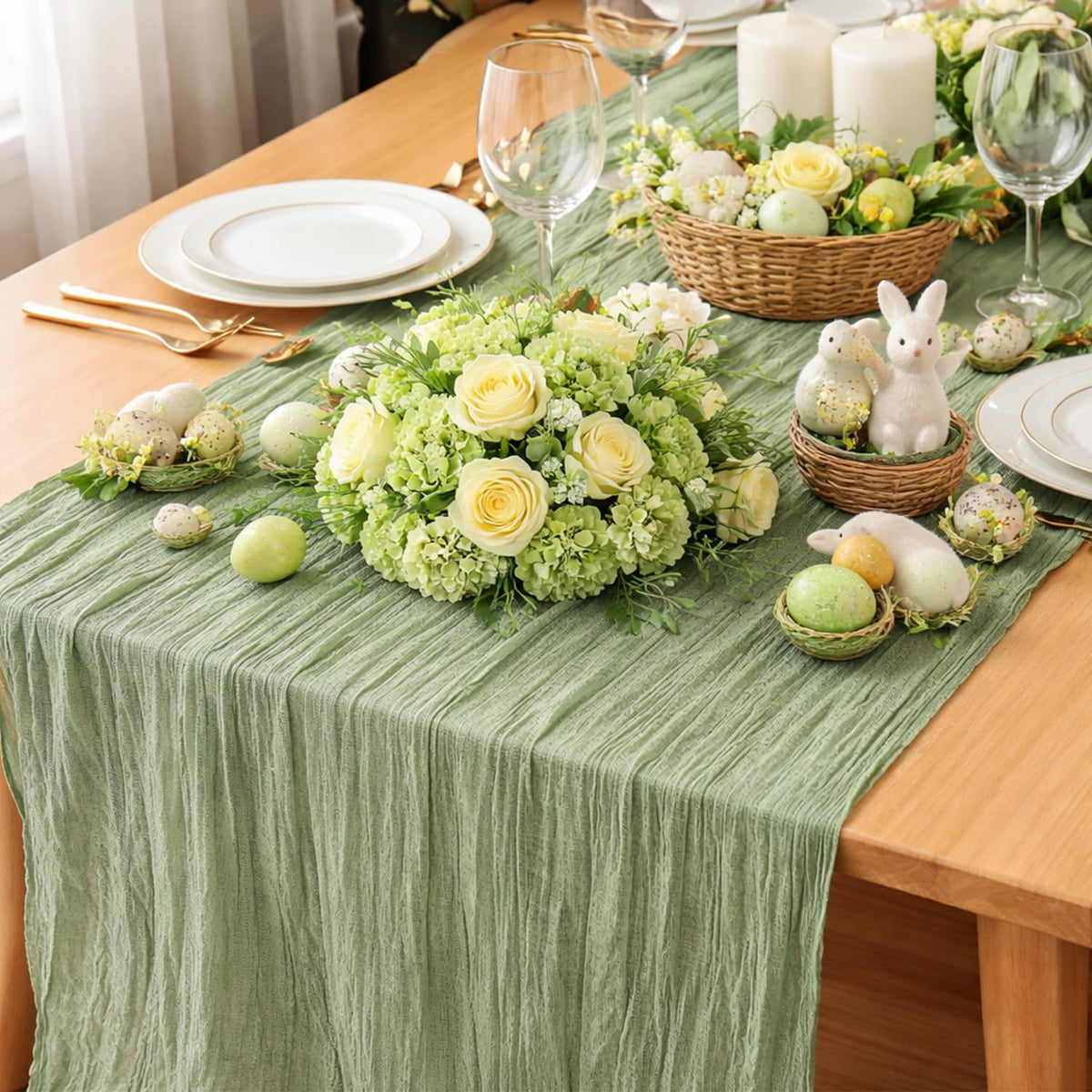Fwxdbwyl sage-green runner complements floral arrangements and candles for romantic decor.