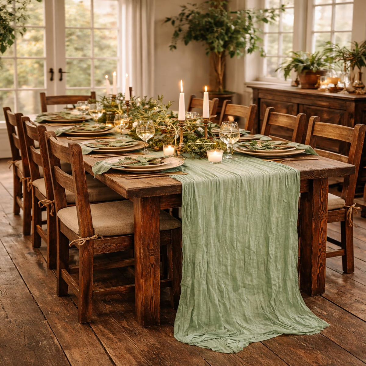 Fwxdbwyl sage green table runner suitable for top of piano and arch decor.