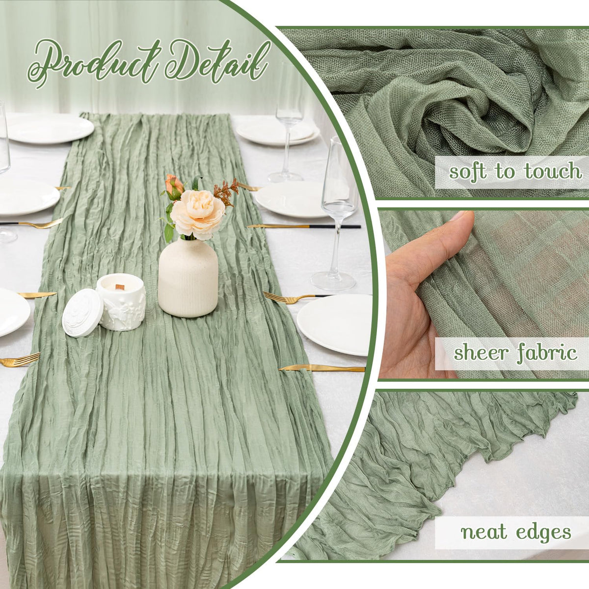 Fwxdbwyl sage green table runner soft-touch fabric enhances table feel for guests.