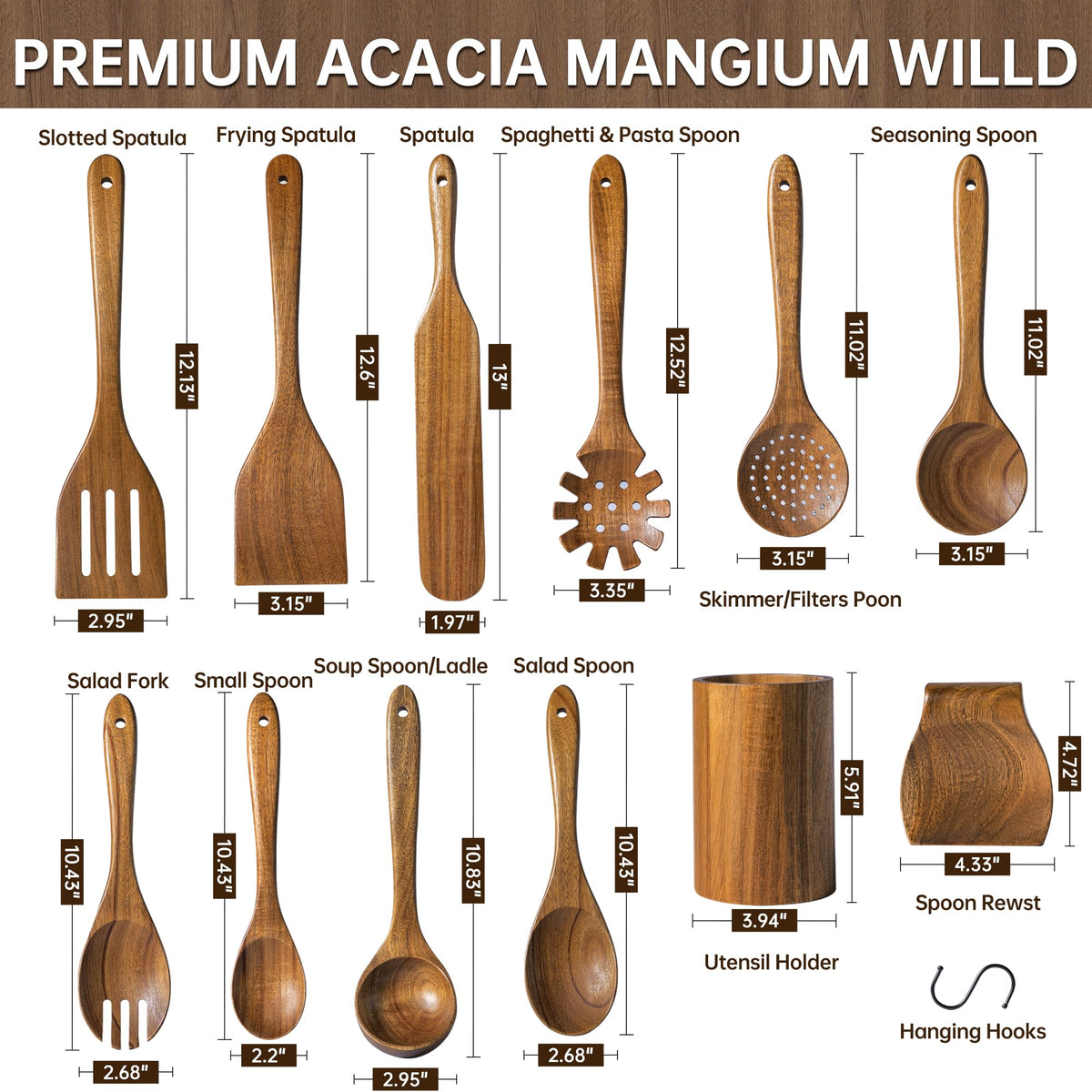 Fyctio acacia wooden spoons six hooks help organize and air-dry utensils.
