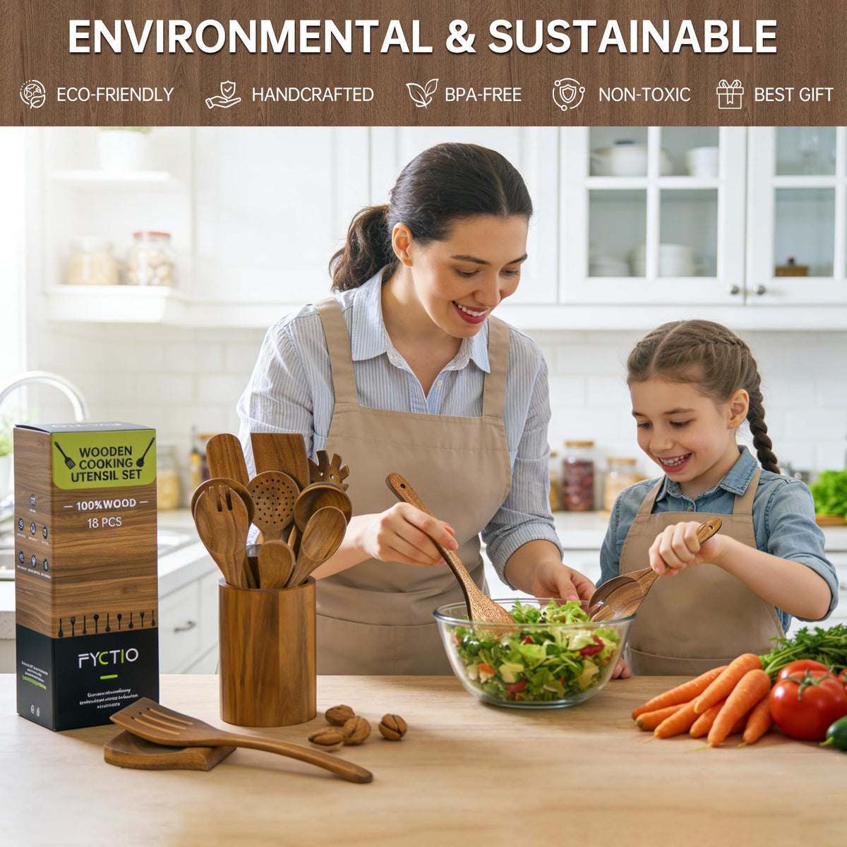 Fyctio acacia wooden spoons natural wood grain adds warmth to the kitchen.