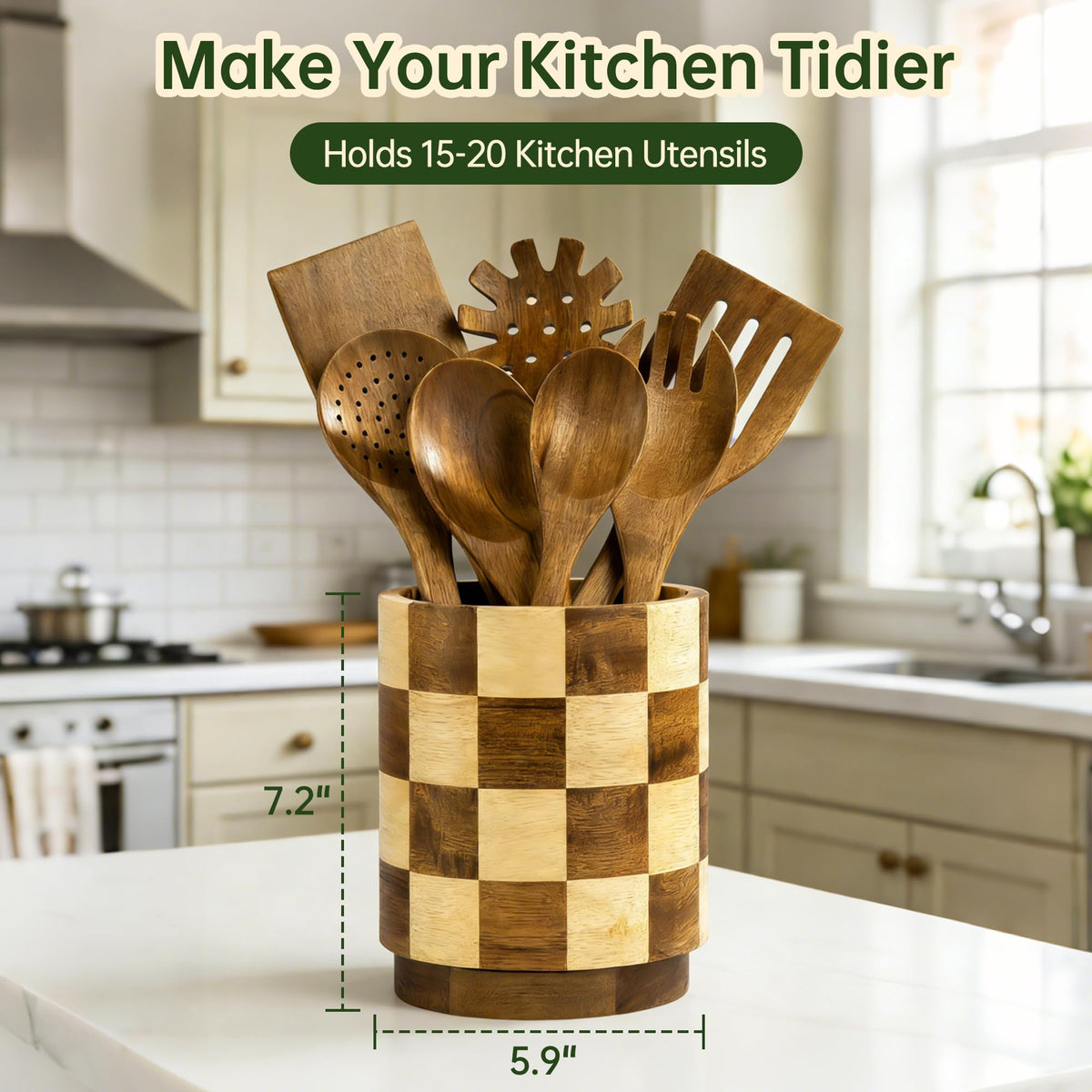 Fyctio acacia wood utensil holder shows a non-slip base for stable countertop organization.