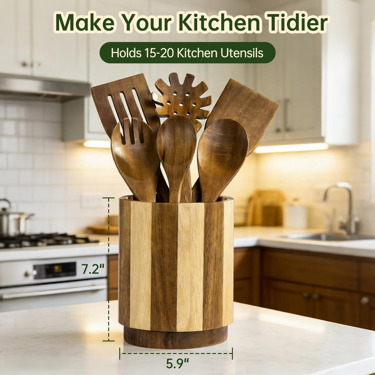 Fyctio acacia wood utensil holder with non-slip base for stability.
